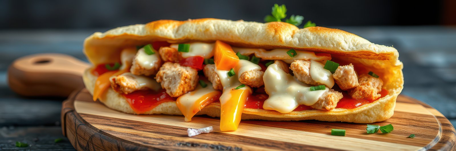 Juicy chicken sandwich served on a wooden board with fresh toppings and sauce in a cozy setting